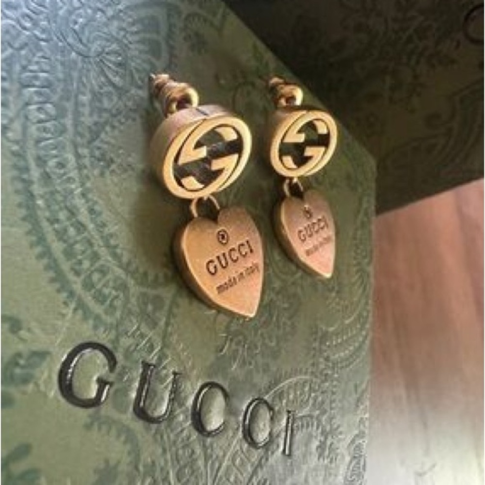 Gold Heart Drop Earrings with Interlocking Logo Accent - Picture 4 of 7